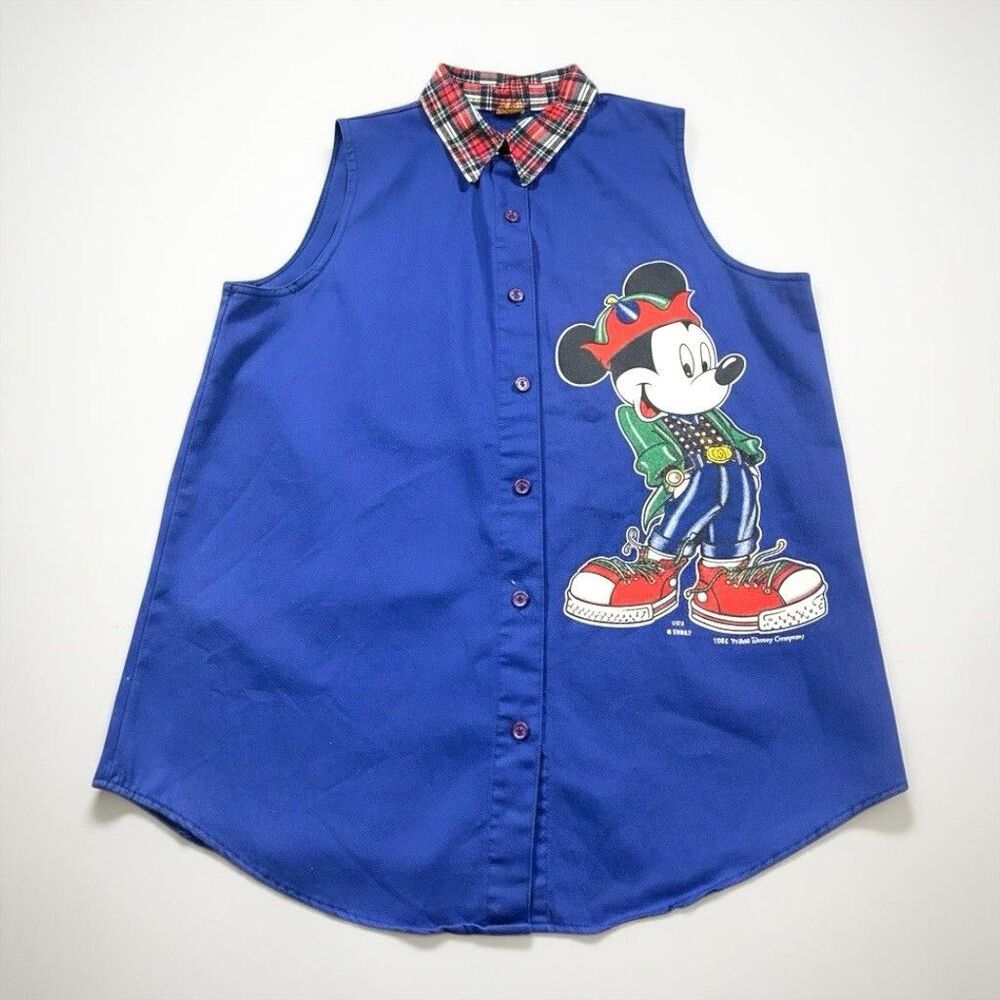 Vintage Mickey Unlimited Mickey Mouse Denim Shirt Womens LARGE Sleeveless 90s